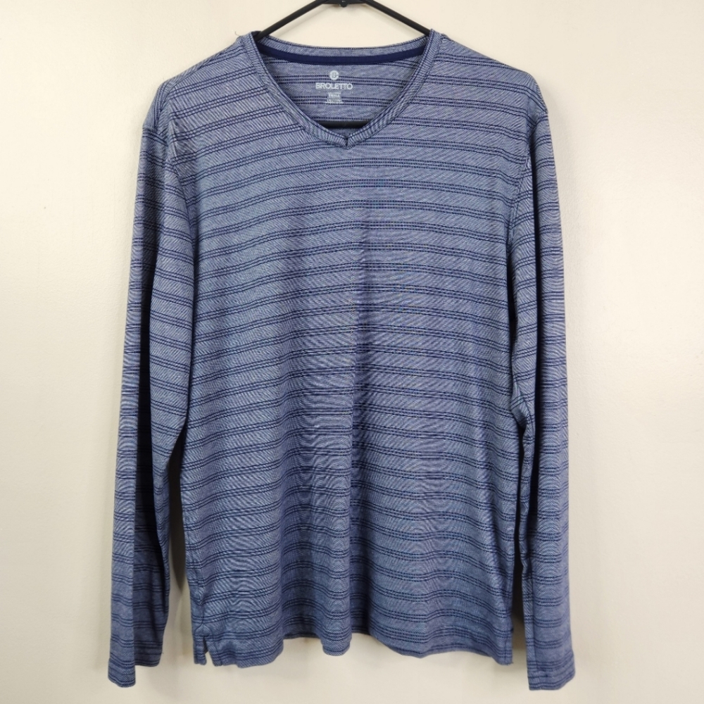 Broletto Long Sleeve Striped Soft Cotton V-Neck Shirt Small